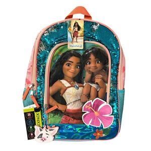 Disney Moana Sequined 17" Backpack Keychain Laptop Sleeve Padded Water Resistant